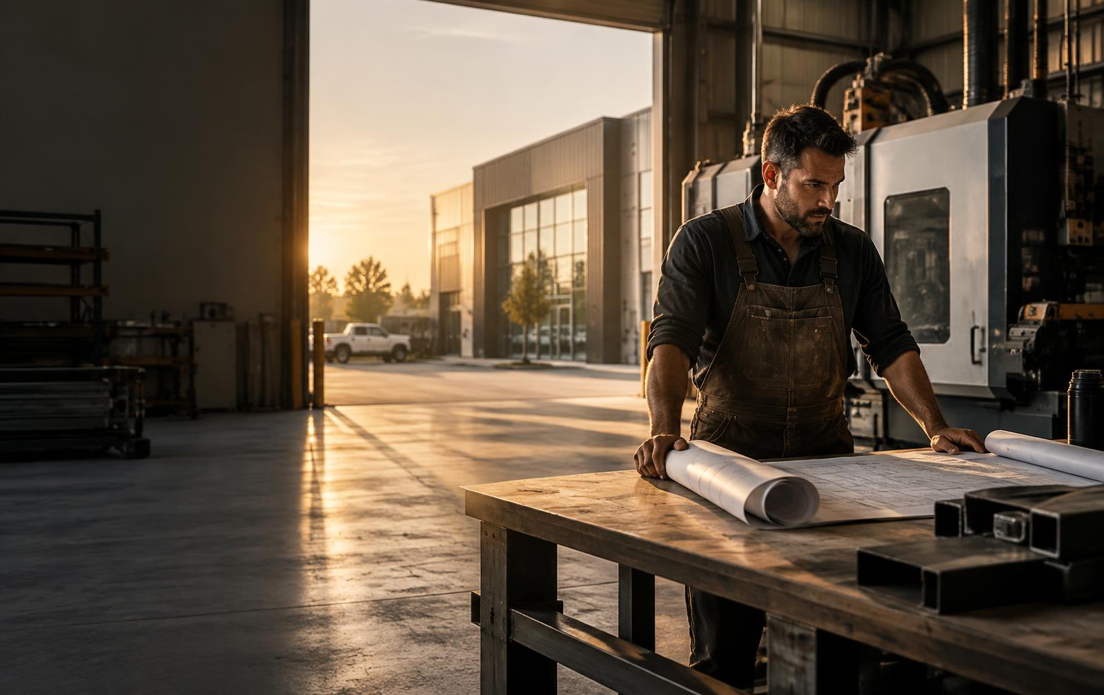 Business owner reviewing plans in a working fabrication shop